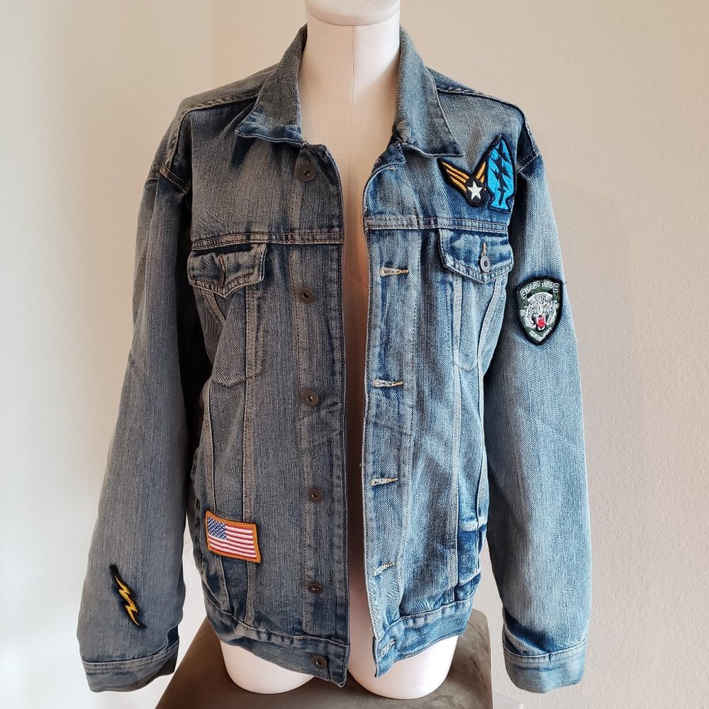 Ring of Fire Blue Denim Button Up Jacket Men’s Size M Beast Mode Snake Patches